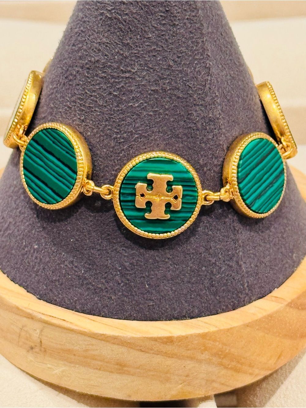 Tory Burch Gold & Green Enamel Logo Station Bracelet NWT